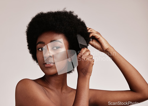 Image of Afro comb, black woman care of a model with hair care, salon and cosmetics. Hairdresser comb, African hairstyle aesthetic and beauty of a young person doing a treatment for wellness in a studio