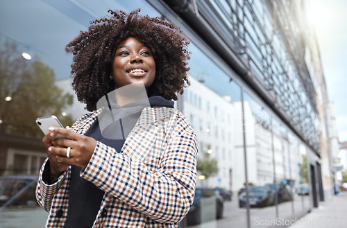 Image of Black woman, afro or phone in city travel for gps location, 5g internet maps or holiday vacation schedule on urban sidewalk. Smile, happy or fashion student on mobile technology for social media app