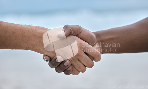 Image of Diversity, hand and handshake on mockup for community, trust or unity on blurred background. People shaking hands in solidarity for deal, partnership or teamwork agreement, victory or winning goals
