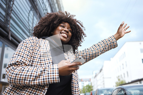 Image of Taxi, sign and hands of black woman in city for travel, commute or waiting for transport on blue sky background. Hand, bus and stop by girl in Florida for transportation service, app or drive request