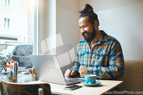 Image of Cafe, happy or startup man on laptop planning on web SEO networking, social media or B2B sale. Small business smile or remote work on tech for communication, strategy search or research in restaurant