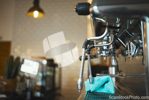 Image of Closeup machine, coffee and equipment in cafeteria, small business and beverage shop. Backgrounds of barista services, drinks machinery and restaurant store of premium espresso, cappuccino and latte