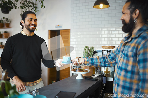 Image of Coffee shop, customer services and people or barista in his small business startup, restaurant and food industry. Happy man with waiter, server or employee giving him an espresso in his cafe store