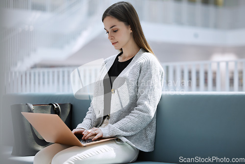 Image of Research, library or woman student on laptop for internet, communication or blog news in college lobby. Typing, digital or girl sitting on tech for networking, website search or online content review