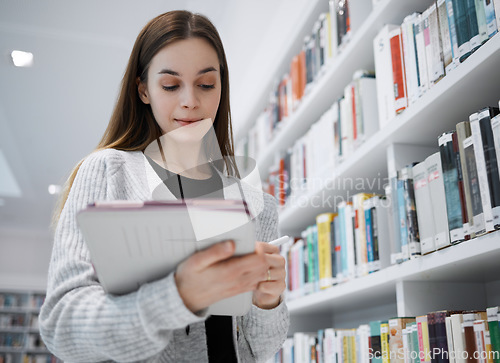 Image of University, writing or woman in library with tablet for research, education or learning. Bookshelf, books or girl student on tech for scholarship search or planning school project at collage campus