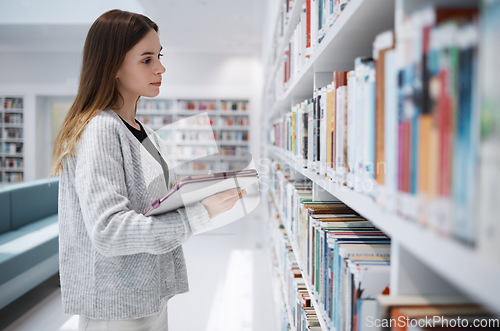 Image of Bookshelf, student or woman in library search for research, education or learning on tablet. Scholarship, study or girl on tech for university mobile app or planning school project at collage campus