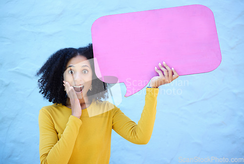 Image of Wow, portrait and black woman with speech bubble in studio for advertising, mockup on blue background. Face, omg and girl with billboard or poster on news, social media, or discount for shock sale
