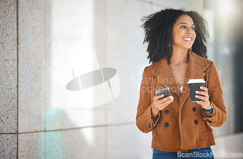 Image of Black woman walking in city with coffee, phone and typing on social network, internet search and mockup. Happy female, urban street and mobile technology on smartphone, connection and 5g notification