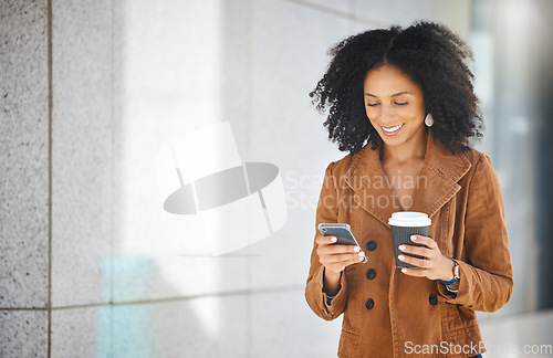 Image of Coffee, social media and black woman relax in a city, happy and smile while walking on building background. Tea, texting and female happy with app, networking and subscription while walking downtown