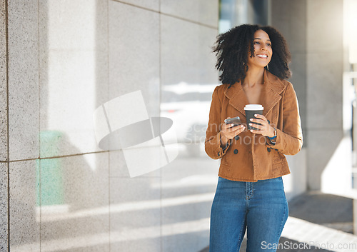 Image of Coffee, phone and black woman in city with 5g technology, networking and mobile chat app while walking. Ideas, thinking and inspiration of happy person with smartphone on urban sidewalk for travel