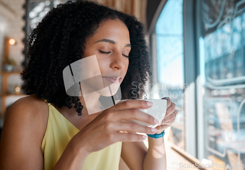 Image of Black woman, relax or smelling coffee in cafe shop or restaurant for lunch break, mindfulness or self love zen. Thinking, student or person with tea cup aroma for drinking, inspiration or calm peace