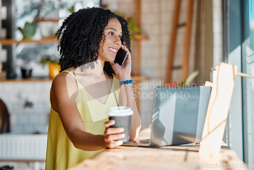 Image of Black woman in cafe, phone call and remote work with laptop, freelance or influencer blog with networking. Connection, wifi and communication with tech, drink and relax in coffee shop with contact