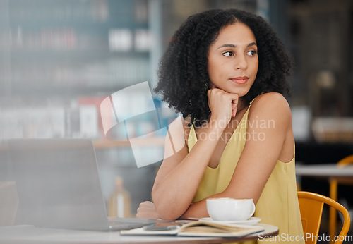 Image of Thinking, laptop and coffee shop with a black woman doing remote work as a freelance worker or entrepreneur. Restaurant, cafe and computer with a female small business owner working on her startup