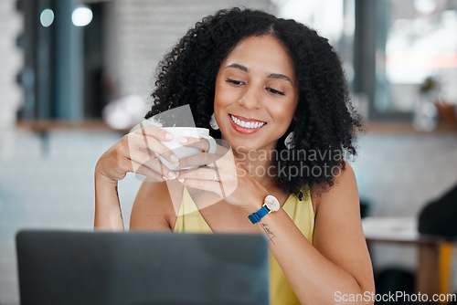 Image of Black woman, laptop or drinking coffee in cafe or restaurant for internet blog, student research or startup planning. Smile, happy or freelance creative on remote work technology for small business