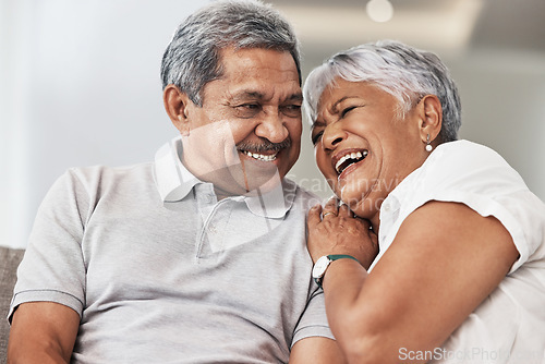 Image of Love, relax and senior couple laughing at funny joke, enjoy quality time together or bond on home living room sofa. Retirement, smile and elderly man, woman or marriage people happy in house