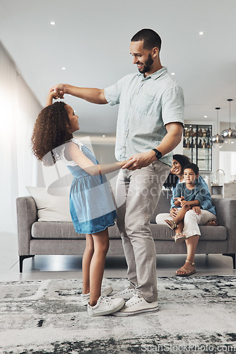 Image of Love, family and father dancing with girl, lounge and happiness together with loving, mother and son on couch. Happy, father or daughter dance in living room, quality time or bonding for child growth