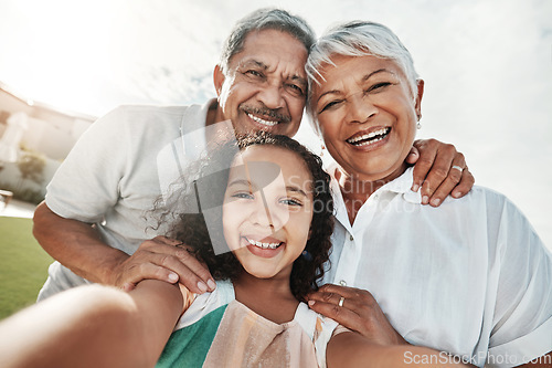 Image of Grandparents, child or selfie portrait in garden pov, nature park or backyard in family bonding, social media or profile picture. Smile, happy or kid with retirement elderly, man or woman photograph
