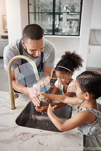 Image of Love, father and girls washing hands, happiness and bonding together in kitchen, before cooking and hygiene. Family, dad and female children cleaning, happy and teaching kids at home loving and learn