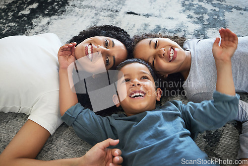 Image of Family, mother and kids relax together at home, love and care in portrait with motherhood and happiness. Freedom, happy people and bonding, black woman and children smile, quality time and childhood