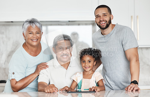 Image of Portrait of grandparents, father and girl with tablet in kitchen smile for bonding, quality time and love. Big family, generation and happy child with digital tech smile with dad, grandma and grandpa