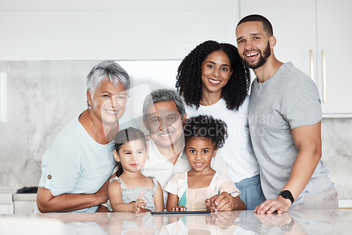 Image of Big family, portrait and smile in a kitchen with grandparents, children and parents at home. Mom, kids and senior people together with happiness, love and parent care in a house feeling happy