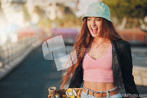 Image of Smile, health and skateboard with woman in city for freedom, sports and relax lifestyle. Training, fitness and sunset with girl walking in urban town enjoying adventure, wellness and skating vacation