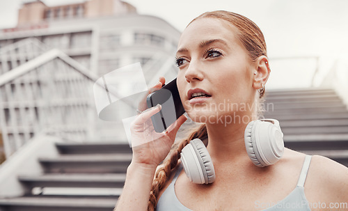 Image of City, fitness and woman with phone call, communication and talking after exercise on stairs. Health, workout and personal trainer on smartphone, conversation and connect or network in sports training