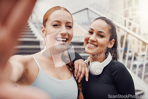 Image of Women, friends selfie and portrait for training, wellness or profile picture in city with support. Happy gen z woman, exercise partnership and outdoor photo for social network app with solidarity