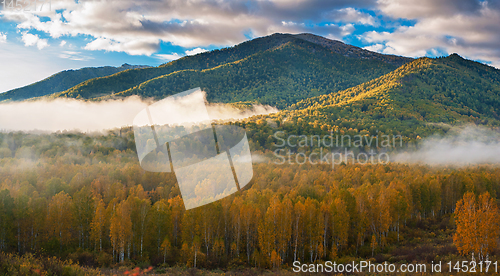 Image of Panoramic picture of sunrise in Altai mountains