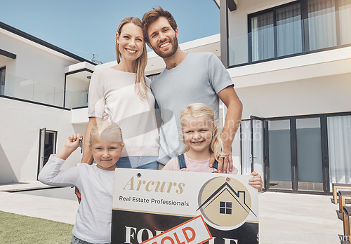 Image of Real estate, sold and portrait of family with sign after buying property and homeowner advertising. Happy, showing and parents with children, board and beginning relocation to new home from realtor