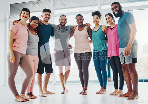 Image of Fitness, yoga and portrait of people in class excited for pilates workout, exercise and training in gym. Sports club, diversity and group of happy friends smile for wellness, goals and healthy body
