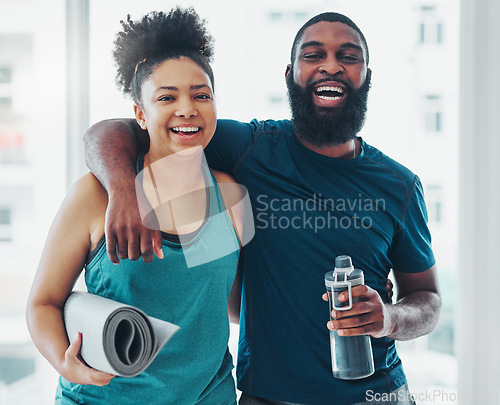 Image of Portrait, yoga and a couple of friends in a gym for fitness while laughing at a joke or being funny together. Happy, excited and joy with yogi black people joking indoor during a wellness workout