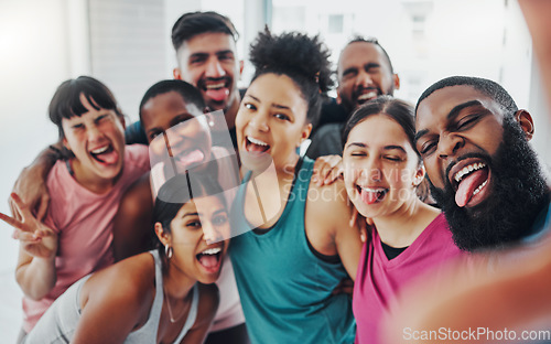 Image of Yoga, fitness and selfie portrait of friends excited for workout, exercise goal and training in gym. Sports club, social media and funny, crazy and happy group for motivation, smile and pilates class