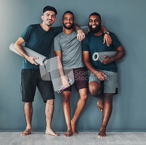 Image of Wall, portrait and men with fitness, workout and training for wellness, healthy lifestyle and on blue background. Group, team or male people with sports, exercise or motivation for practice or energy