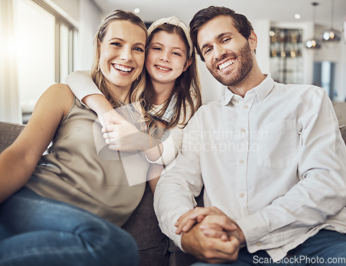 Image of Portrait, mother or father with a girl to relax as a happy family in living room bonding in Australia with love or care. Hugging, sofa or parents smile with kid enjoying quality time on a fun holiday