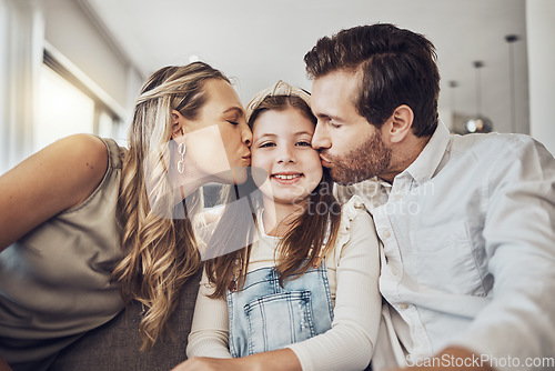 Image of Portrait, mother or father kiss a girl or child as a happy family in living room bonding in Australia with love or care. Relax, trust or parents smile with kid enjoying quality time on a fun holiday