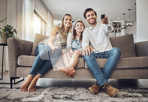 Image of Girl, mother or father watching tv to relax as a happy family in living room bonding in Australia with love. Television, sofa or parents smile with kid enjoying quality time or movies on fun holiday