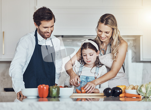 Image of Learning, parents or child cooking vegetables as a happy family in a house kitchen with organic food for dinner. Development, father or mom teaching, helping or cutting tomato with a healthy girl