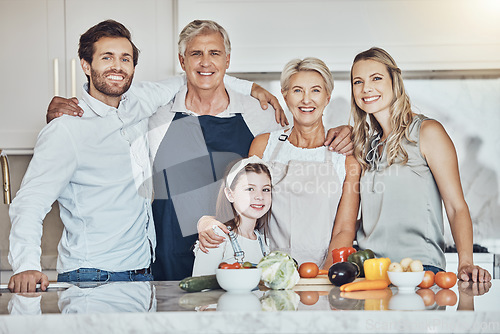 Image of Love, kitchen portrait and big family cooking, bonding and enjoy quality time together in Sydney Australia. Holiday vacation, food ingredients and happy reunion of children, parents and grandparents