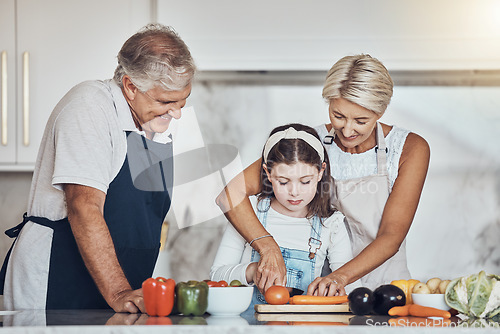 Image of Learning, grandparents or girl cooking or cutting carrots as a family in a house kitchen with organic vegetables for dinner. Grandmother or old man helping or teaching child a healthy vegan food diet