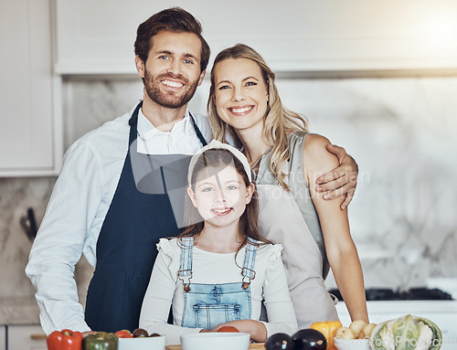 Image of Portrait, parents or girl cooking as a happy family in a house kitchen with organic vegetables in vegan dinner. Mother, father or child love to bond or helping with healthy food diet for development