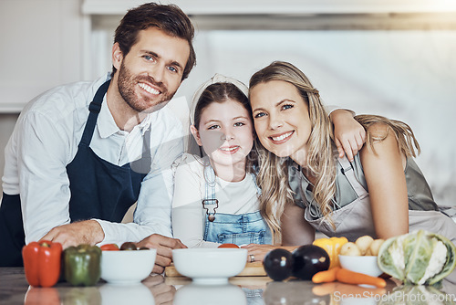 Image of Portrait, smile or girl cooking as a happy family in a house kitchen with organic vegetables in vegan dinner. Mother, father or child love to bond or helping with healthy food diet for development