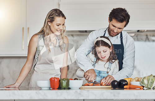 Image of Learning, parents or girl cooking or cutting vegetables as a happy family in a kitchen with organic food for dinner. Development, father or mother teaching or helping chop tomato with a healthy child