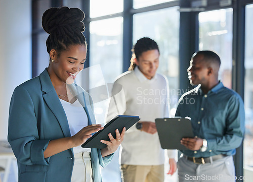 Image of Digital tablet, office and professional black woman researching for corporate project with internet. Technology, business and African female employee working on report with mobile device in workplace