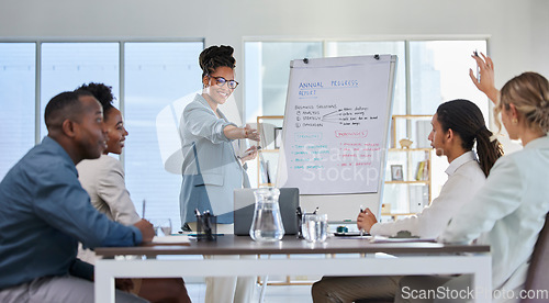 Image of Business presentation, black woman leader and office training with teamwork and staff question. Management, conference room and sales team working with manager to problem solve for company strategy