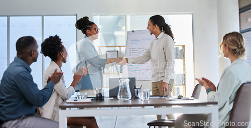 Image of Business handshake, black woman deal and office training with success and clapping from crowd. Management, conference room and sales team working on a speaker coaching on innovation strategy