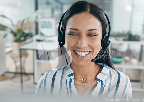Image of Call center, black woman and business pc conversation at a computer working on support call. Telemarketing, company networking and contact us consultant on a digital consultation for tech help