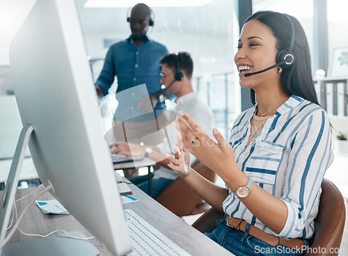 Image of Call center, talking and business conversation of consulting black woman at a computer for a call. Telemarketing, company networking and contact us consultant on a digital consultation for tech help