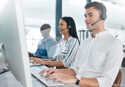 Image of Call center, agent and telemarketing company, team and teamwork in an office or workplace working together. Contact us, customer service and consultant or people in collaboration happy with their job