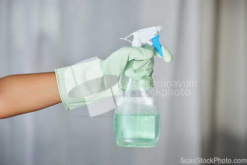 Image of Spray bottle, detergent and maid with gloves for cleaning in a house, office or apartment. Hygiene, cleaner service and hand of a housekeeper with liquid for housework or sanitize dust, dirt or germs